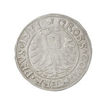 Prussian grosz, Sigismund I the Old (King of Poland; 1506–1548). Obverse: Crowned male bust in