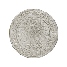 Prussian grosz of Sigismund I the Old (King of Poland; 1506–1548). Obverse: Crowned male bust in