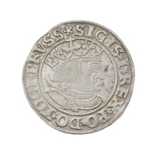 Prussian grosz, Sigismund I the Old (King of Poland; 1506–1548). Obverse: Crowned male bust in