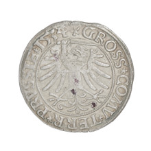 Prussian grosz, Sigismund I the Old (King of Poland; 1506–1548). Obverse: Crowned male bust in