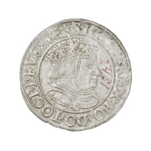 Prussian grosz, Sigismund I the Old (King of Poland; 1506–1548). Obverse: Crowned male bust in