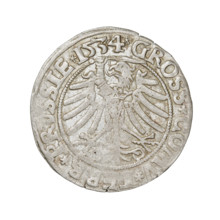 Prussian grosz, Sigismund I the Old (King of Poland; 1506–1548). Obverse: Crowned male bust in