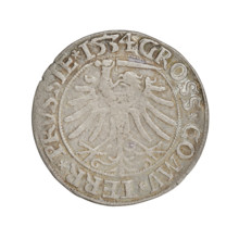 Prussian grosz of Sigismund I the Old (King of Poland; 1506–1548). Obverse: Crowned male bust in
