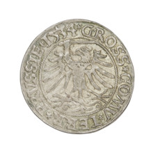 Prussian grosz, Sigismund I the Old (King of Poland; 1506–1548). Obverse: crowned male bust in