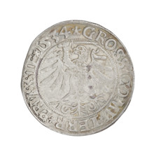 Prussian grosz, Sigismund I the Old (King of Poland; 1506–1548). Obverse: Crowned male bust in