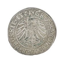 Prussian grosz, Sigismund I the Old (King of Poland; 1506–1548). Obverse: Crowned male bust in