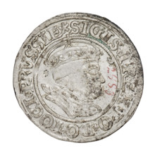 Prussian grosz, Sigismund I the Old (King of Poland; 1506–1548). Obverse: Crowned male bust in