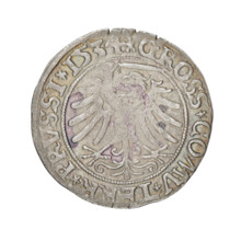 Prussian grosz, Sigismund I the Old (King of Poland; 1506–1548). Obverse: Crowned male bust in