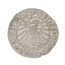 Prussian grosz, Sigismund I the Old (King of Poland; 1506–1548). Obverse: Crowned male bust in