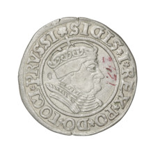 Prussian grosz, Sigismund I the Old (King of Poland; 1506–1548). Obverse: Crowned male bust in