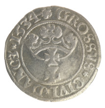 Gdansk grosz, Sigismund I the Old (King of Poland; 1506–1548). Polish coin, 1534. Obverse: Crowned