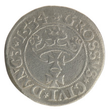 Gdansk grosz, Sigismund I the Old (King of Poland; 1506–1548). Jagiellonian period coin. Obverse: