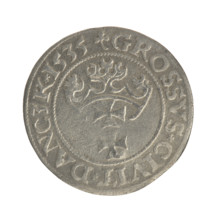 Gdansk grosz, Sigismund I the Old (King of Poland; 1506–1548). Obverse: Crowned male bust in
