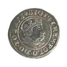Gdansk grosz, Sigismund I the Old (King of Poland; reign 1506–1548). Obverse: Crowned male bust in
