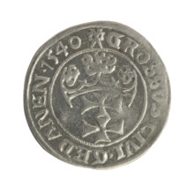 Gdansk grosz, Sigismund I the Old (King of Poland; 1506–1548). Obverse: Crowned male bust in