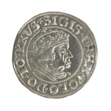 Gdansk grosz, Sigismund I the Old (King of Poland; 1506–1548). Obverse: Crowned male bust in