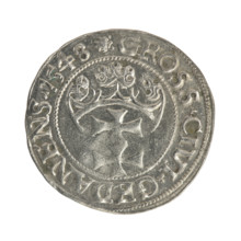 Gdansk grosz, Sigismund I the Old (King of Poland; 1506–1548). Obverse: Crowned male bust in