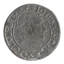 Lithuanian grosz on a Lithuanian foot, Sigismund II Augustus (king of Poland; 1520–1572). Obverse: