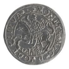 Lithuanian grosz (coin) dated 1545, minted in Vilnius, Grand Duchy of Lithuania. Obverse: crowned