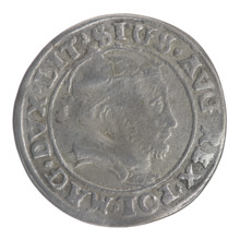 Lithuanian grosz on a Lithuanian foot, Sigismund II Augustus (king of Poland; 1520–1572). Obverse: