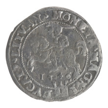 Lithuanian grosz on a Lithuanian foot, Sigismund II Augustus (king of Poland; 1544–1572). Coats of