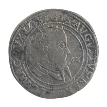 Lithuanian sixer, Sigismund II Augustus (king of Poland; 1544–1572). Coats of arms: Jagiellonians