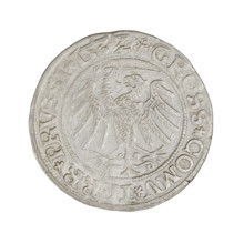Prussian grosz of Sigismund I the Old (King of Poland, 1506–1548). Obverse: crowned male bust in