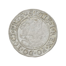 Prussian grosz, Sigismund I the Old (King of Poland; 1506–1548). Obverse: Crowned male bust in