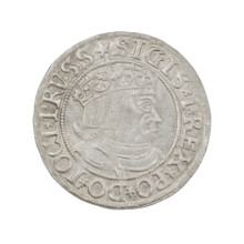 Prussian grosz, Sigismund I the Old (King of Poland; 1506–1548). Obverse: Crowned male bust in