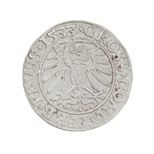 Prussian grosz, Sigismund I the Old (King of Poland; 1506–1548). Obverse: crowned male bust in