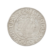 Prussian grosz of Sigismund I the Old (King of Poland, 1506–1548). Obverse: crowned male bust in