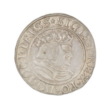 Prussian grosz, Sigismund I the Old (King of Poland; 1506–1548). Obverse: Crowned male bust in