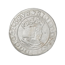 Prussian grosz, Sigismund I the Old (King of Poland; 1506–1548). Obverse: Crowned male bust in