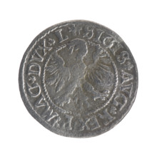 Lithuanian half-grosz, Sigismund II Augustus (King of Poland; 1544–1572); obverse: Polish Eagle, in