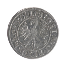 Lithuanian half-grosz, Sigismund II Augustus (King of Poland; 1544–1572). Obverse: Polish eagle; in