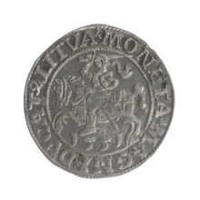 Lithuanian half-grosz, Sigismund II Augustus (King of Poland; 1544–1572); obverse: Polish Eagle