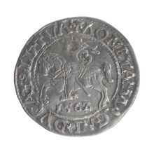 Lithuanian half-grosz, Sigismund II Augustus (King of Poland; 1544–1572). Obverse: Polish eagle;
