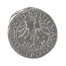 Lithuanian half-grosz, Sigismund II Augustus (King of Poland; 1544–1572). Obverse: Polish Eagle; in