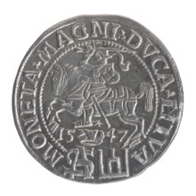 Lithuanian grosz on a Polish foot, Sigismund II Augustus (King of Poland; 1544–1572). Polish coin,