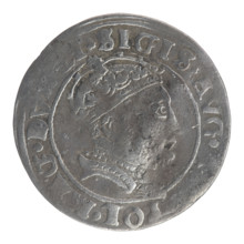 Lithuanian grosz (1546) — obverse: crowned male bust in armour, profile to right, rim inscription