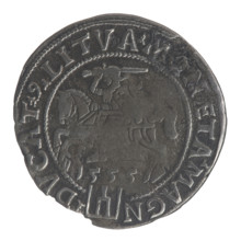 Lithuanian grosz, 1555. Obverse: crowned male bust in armour facing right, rim inscription divided