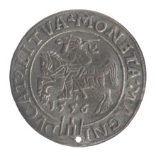 Lithuanian grosz, 1556. Obverse: crowned male bust in armour facing right, rim inscription divided