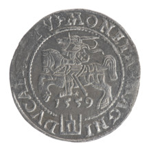 Lithuanian grosz, 1559. Obverse: crowned male bust in armour turned right; rim inscription divided