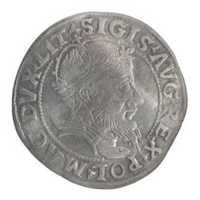 Lithuanian grosz, 1555. Obverse: crowned male bust of Sigismund II Augustus in armour, profile