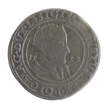 Lithuanian 6th coin, Sigismund II Augustus (King of Poland; 1544–1572), coats of arms, Jagiellons