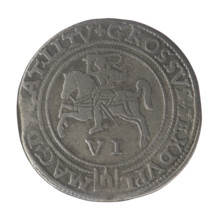 Lithuanian 6th coin, Sigismund II Augustus (King of Poland; 1544–1572), coats of arms, Jagiellons