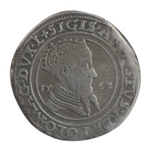 Lithuanian 6th coin, Sigismund II Augustus (King of Poland; 1544–1572), coats of arms, Jagiellon