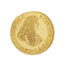 Ducat of Sylwiusz Fryderyk (Duke of Olesnica; 1651–1697), 1675. Obverse: bust of the ruler facing