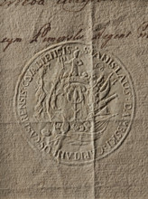 Round seal impression of the starost of Kowal, Stanislaw Dambski. In a decorative cartouche with a