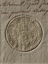 Seal of Sebastian Dluski, starost of Luków. Round seal impression. On the decorative shield, the